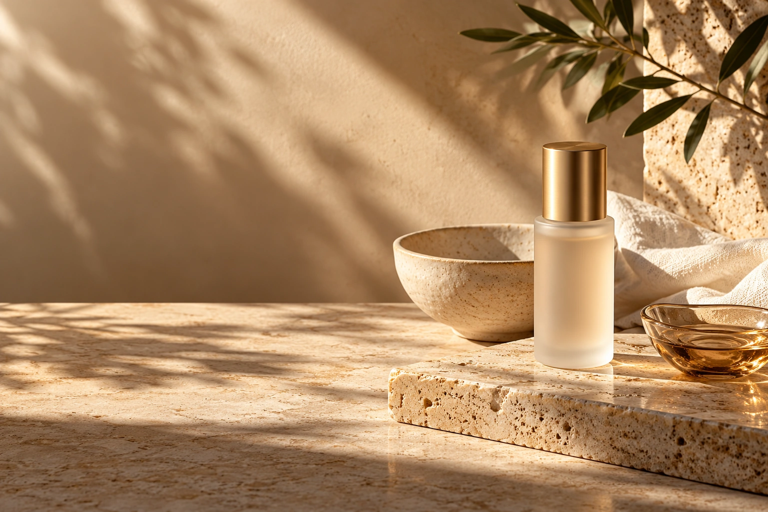 Illustrative skincare still life with glass, linen, and warm stone